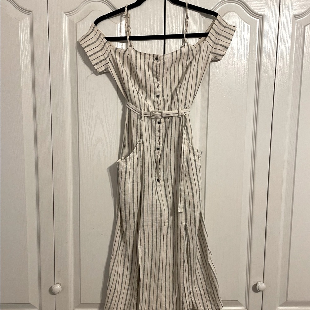 Off-The-Shoulder Belted Pinstripe Midi Dress